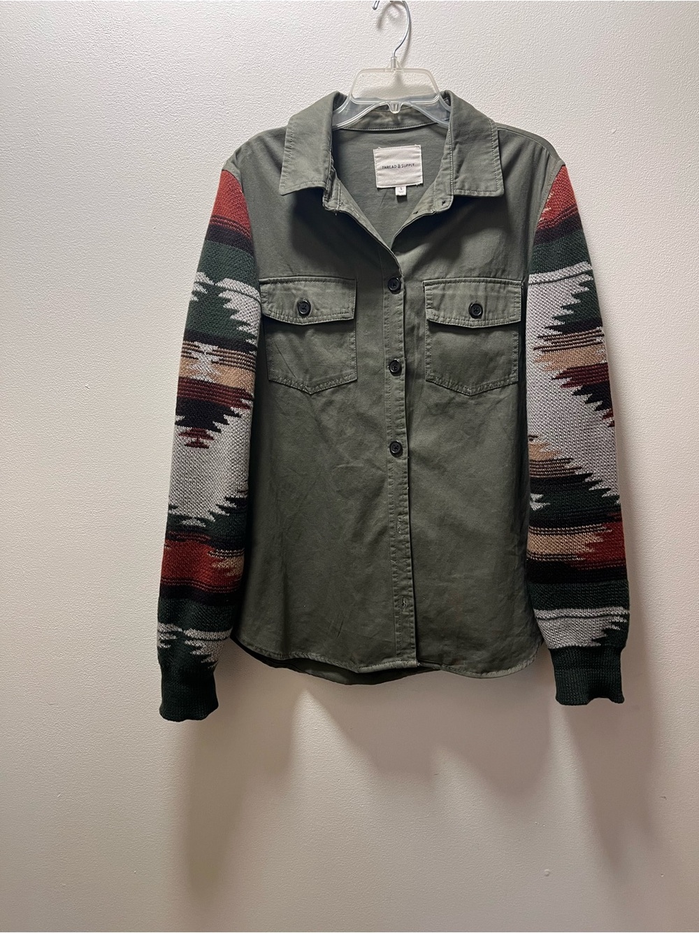 Thread & Supply Comfy Long Sleeve Shirt/Jacket With Patterned Sleeves, Sz S
